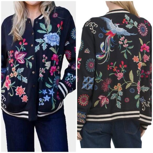 Johnny Was Jackets & Blazers - JOHNNY WAS Black French Terry Bomber Jacket Embroidered Boho Small Boho